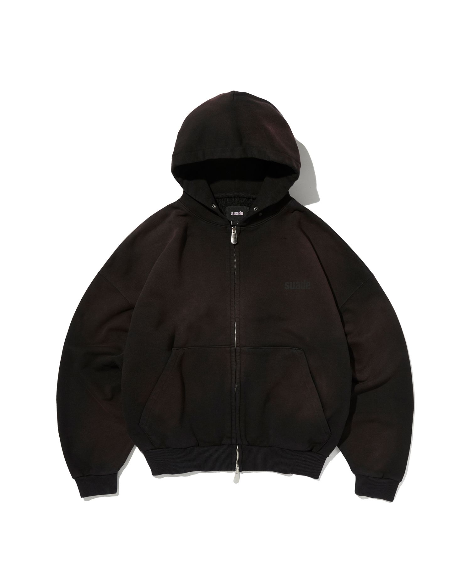 MUSINSA公式 | SUADE CROPPED WASHED HOOD ZIP UP [DARK BLACK]