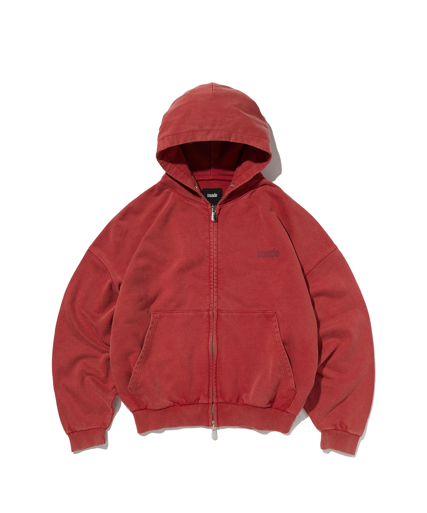 MUSINSA | SUADE CROPPED WASHED HOOD ZIP UP [RED]