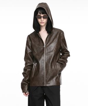 HOODIE LEATHER JACKET (UNISEX) BROWN