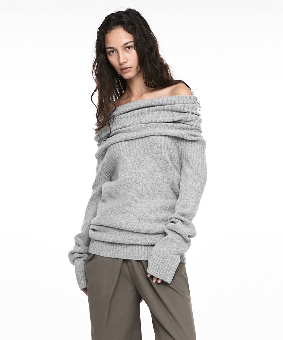 나체(NACHE) 2-WAY SHAWL KNIT MELANGE GRAY