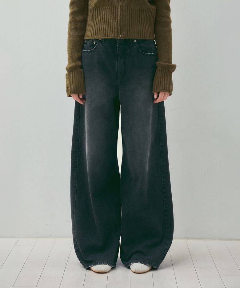 Damaged Wide-Leg Curved Denim_CTD424(Black)
