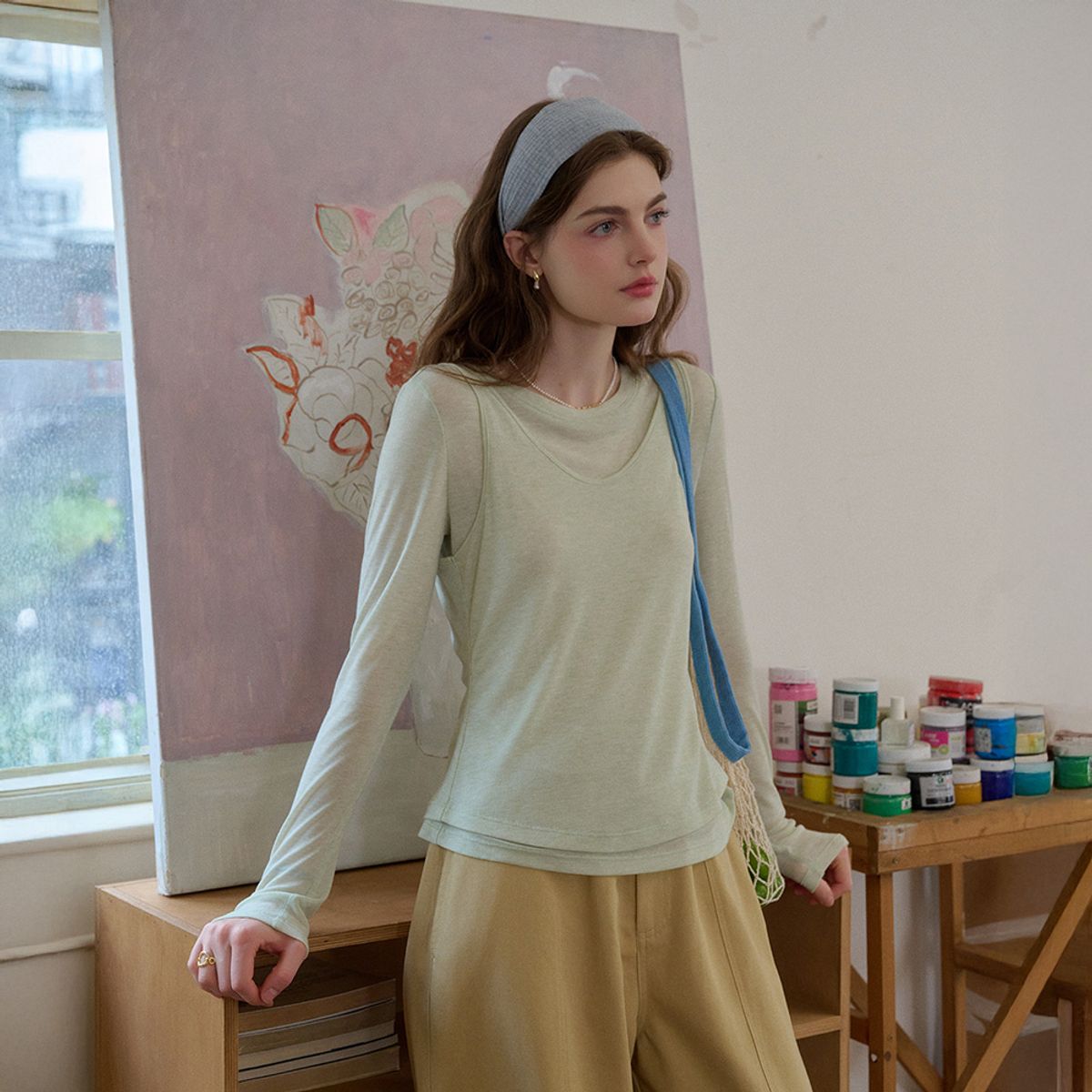 심플레트로(SIMPLE RETRO) SR_Artistic layerd two-piece top_4color