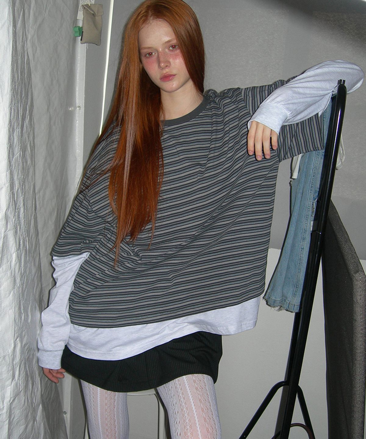 렌세(RENSE) Stripe Oversize Layered Tee Gray