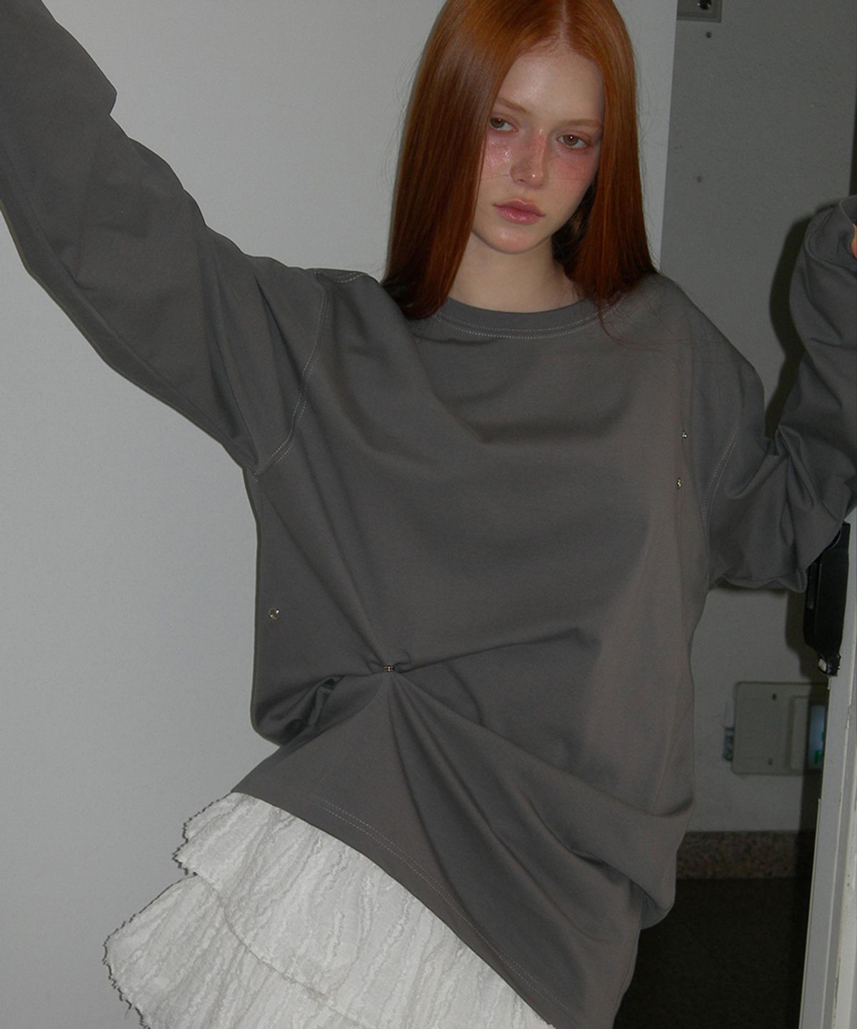 렌세(RENSE) Snap Button Oversize Tee Gray