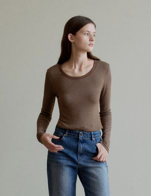Striped U-neck Long Sleeve (Brown)