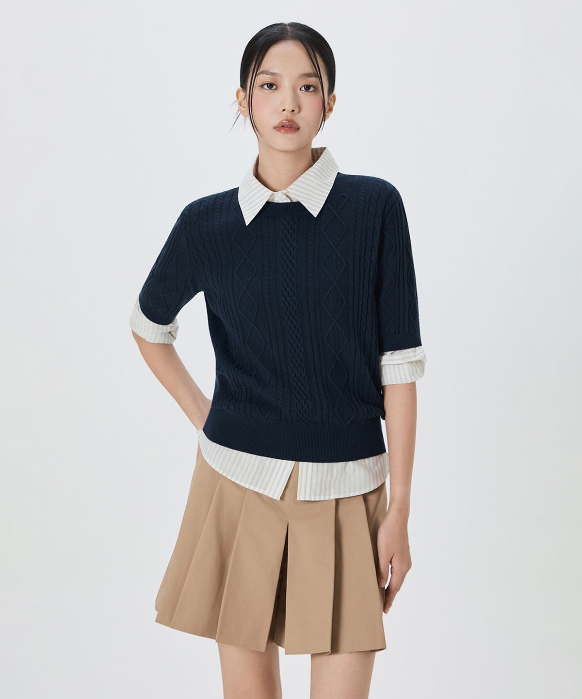 미쏘(MIXXO) 케이블 반팔 풀오버_MIWKAF913T