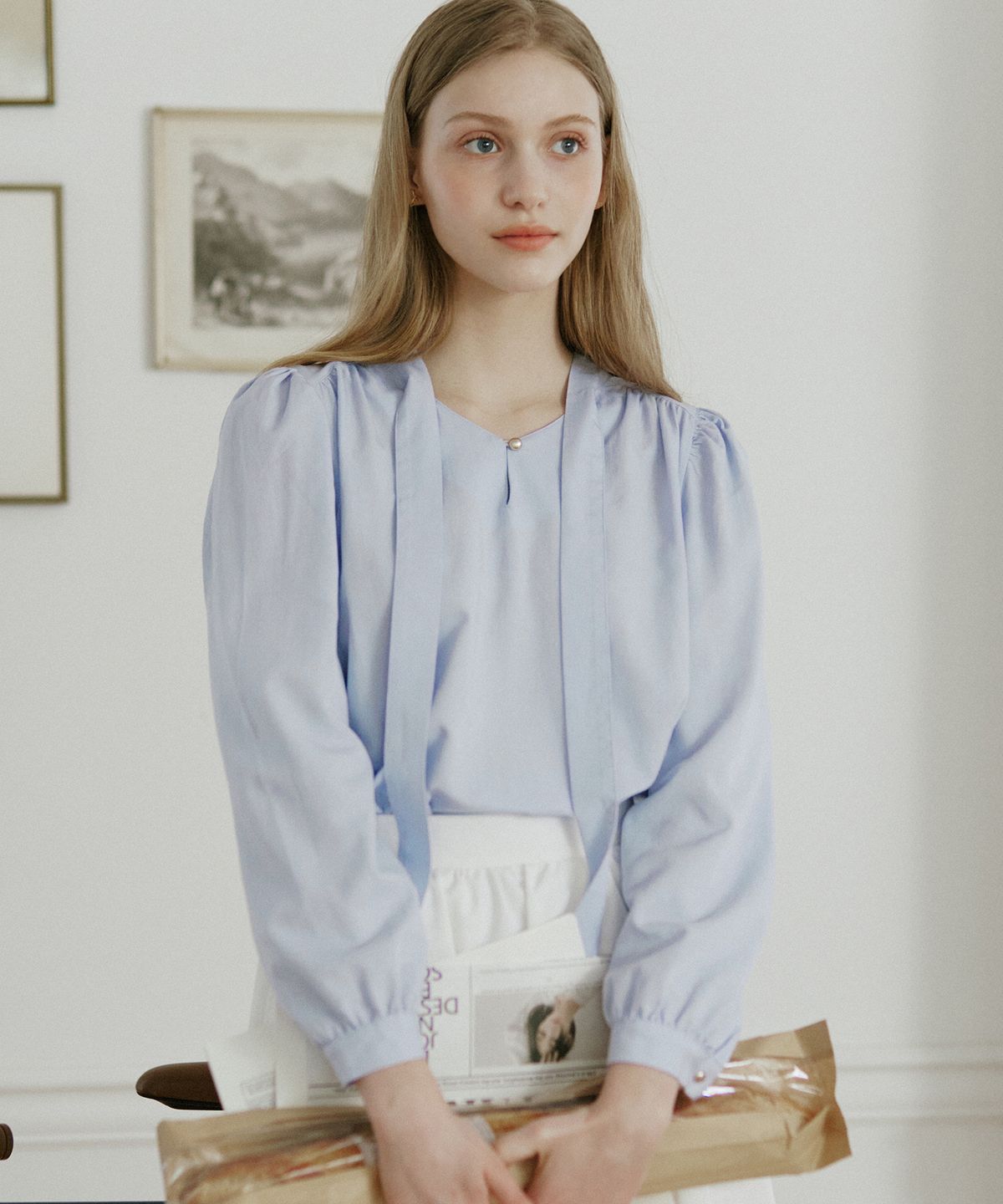 논로컬(NONLOCAL) Scarf Tie Goldish Blouse - Blue