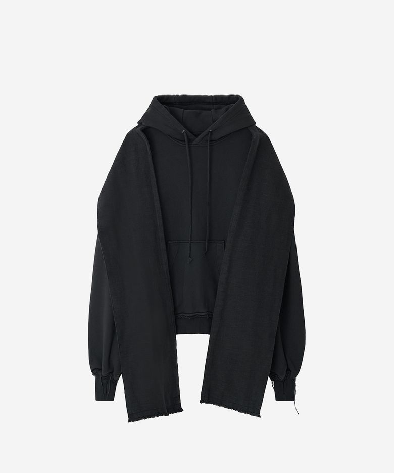 Dyed Raw-edged Hoodie with Linen Muffler Black