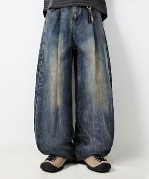 원턱 커브드 크리즈 워싱 와이드 데님 팬츠_더스트 인디고