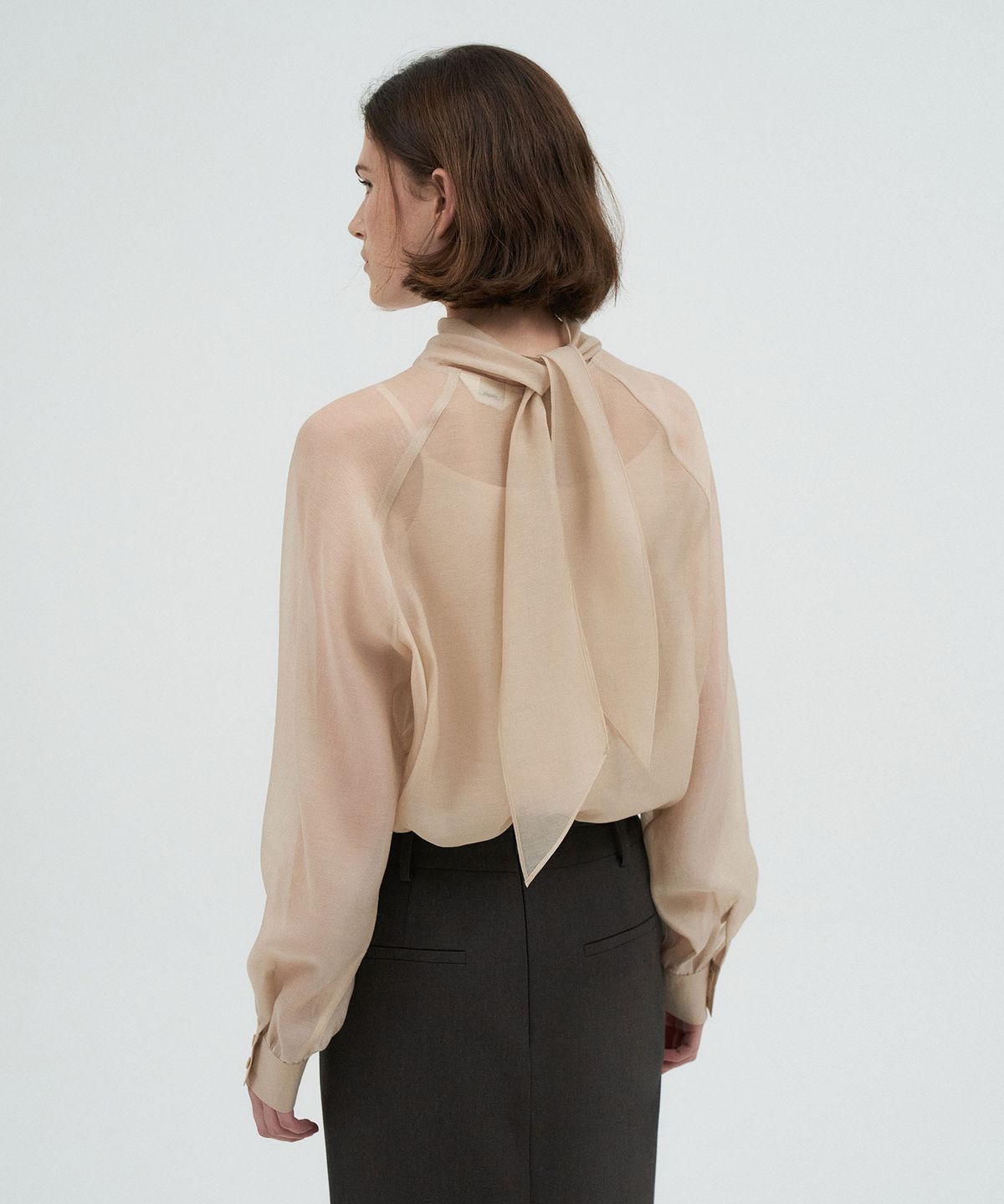 라메레이(LAMEREI) Tie See-through Blouse[LMBFCO25SH314]-Light Beige