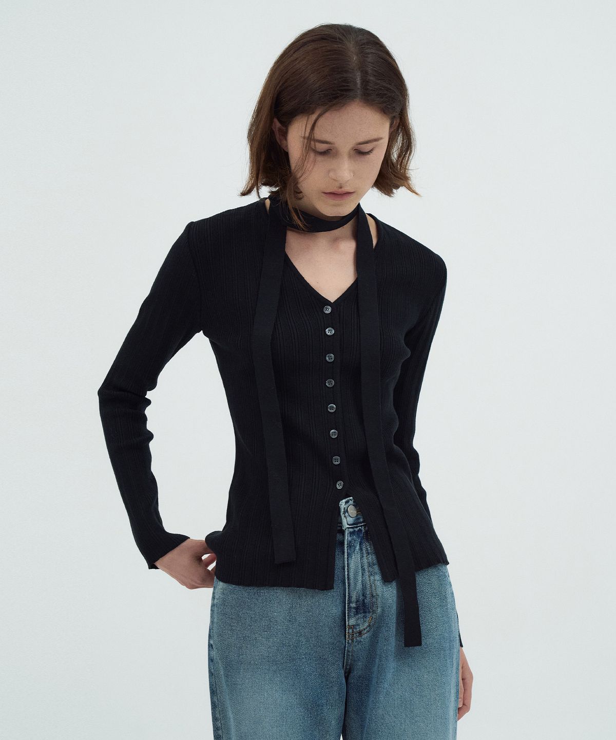 라메레이(LAMEREI) Scarf Ribbed Cardigan[LMBEAUKN285]-3color