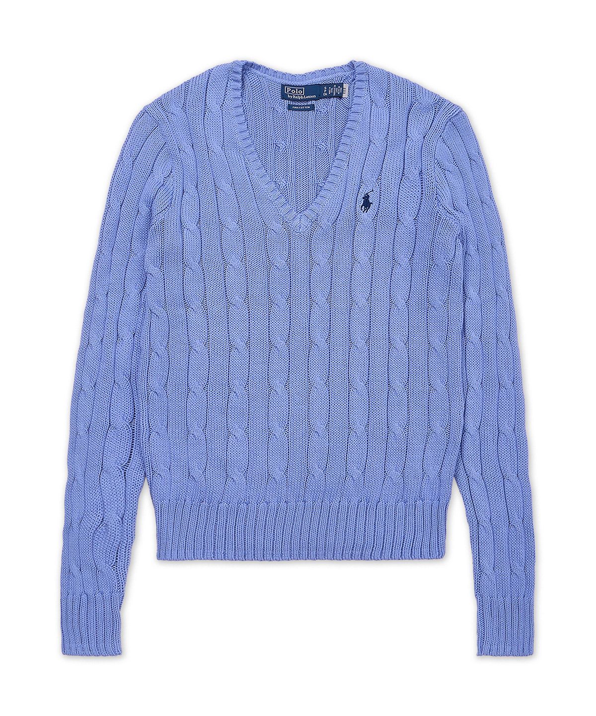 폴로 랄프 로렌(POLO RALPH LAUREN) 케이블 니트 코튼 브이넥 스웨터-블루