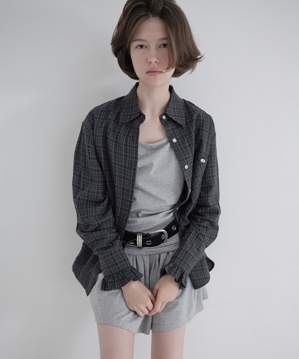 마가린핑거스(MARGARIN FINGERS) FRILL CHECK SHIRT (BLACK)