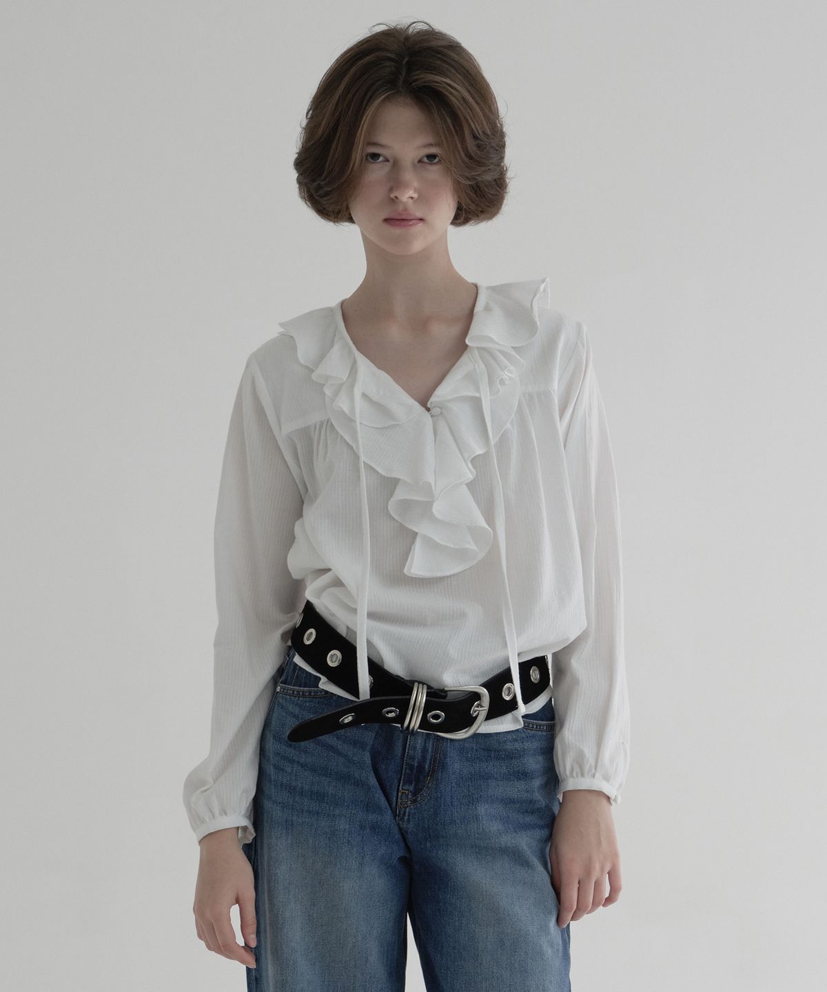 마가린핑거스(MARGARIN FINGERS) RUFFLE STRAP BLOUSE (WHITE)
