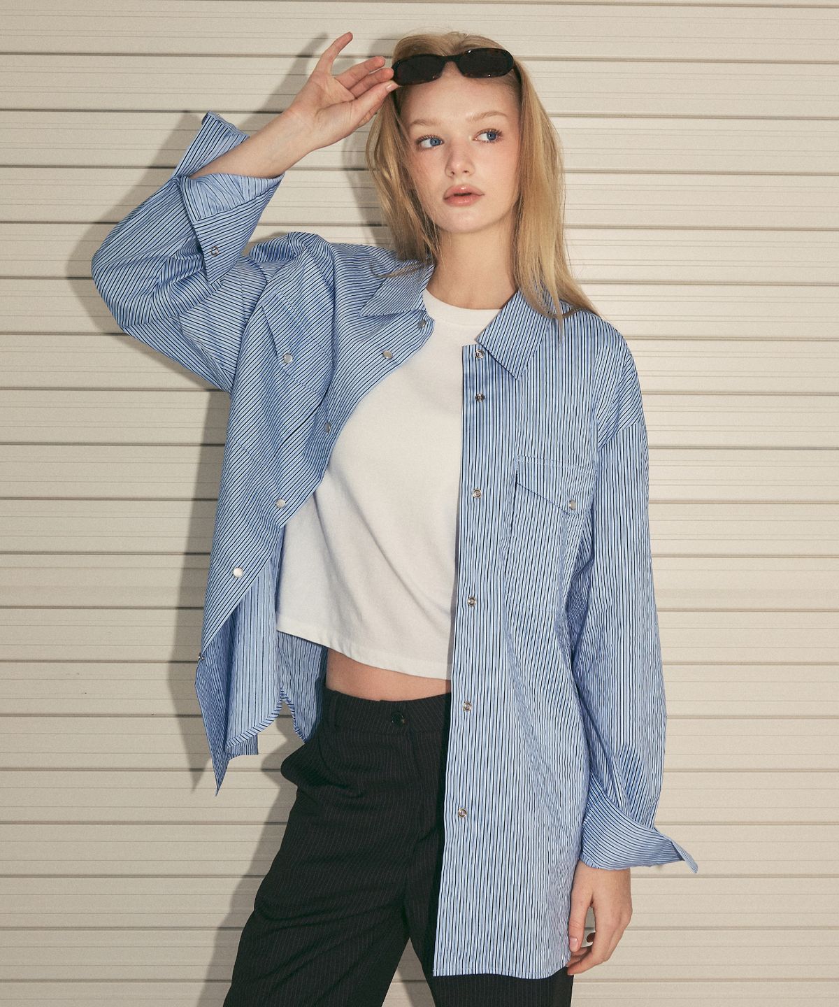 씨타(CITTA) Pearl Button Stripe Over Shirt_CTT385(Blue)