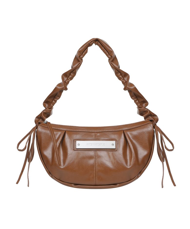 CRYSTAL SHIRRING RIBBON ROUND BAG_BROWN