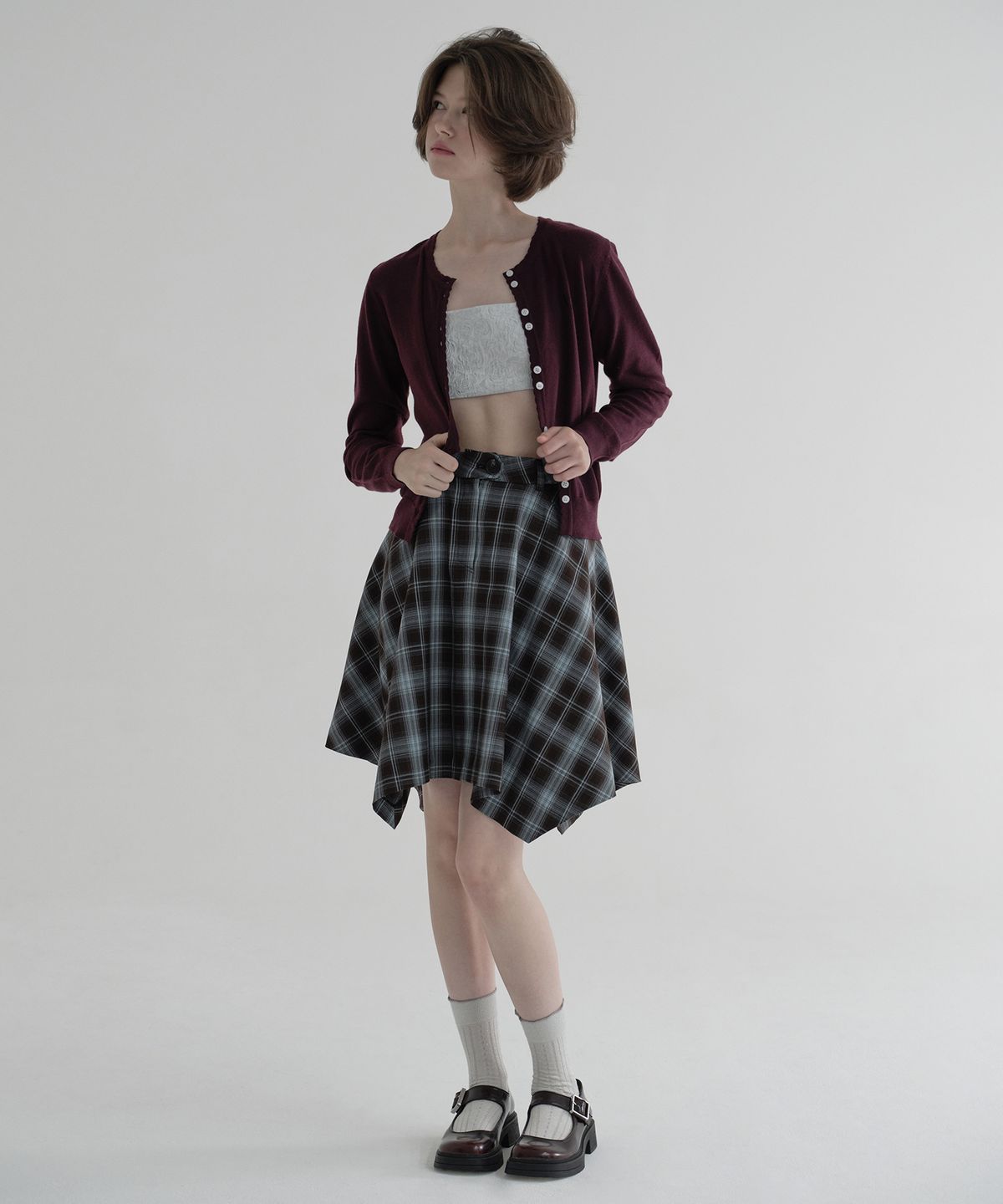마가린핑거스(MARGARIN FINGERS) UNBALANCED CHECK SKIRT (PURPLE)