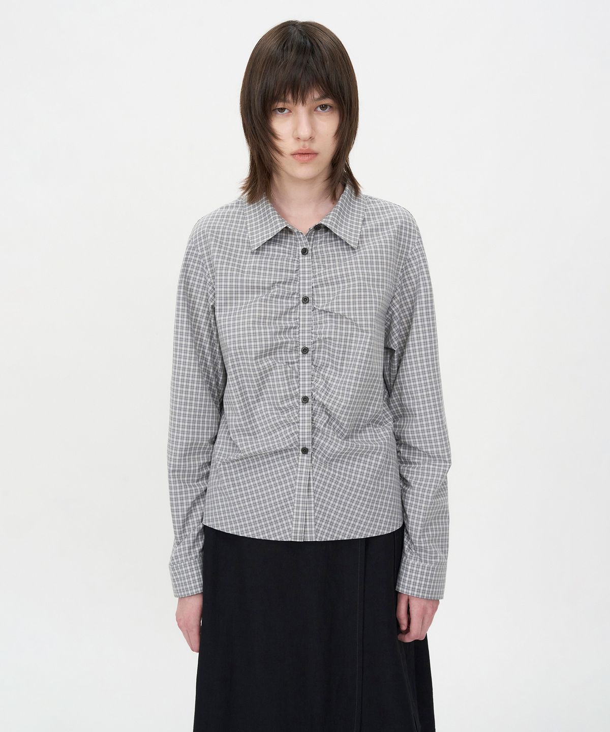 인사일런스 우먼(INSILENCE WOMEN) 체크 셔링 셔츠 GREY CHECK