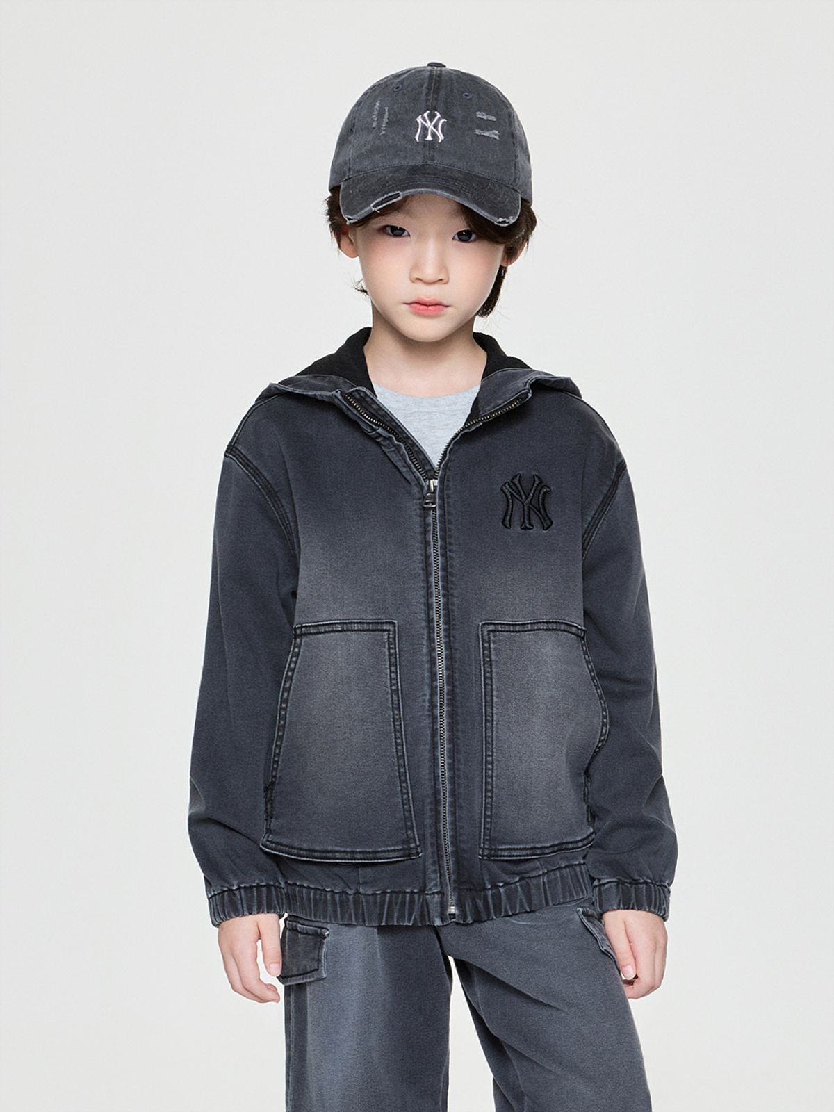 엠엘비 키즈(MLB KIDS) 스트릿 져지데님 후드 자켓 NY (L.Charcoal Grey)