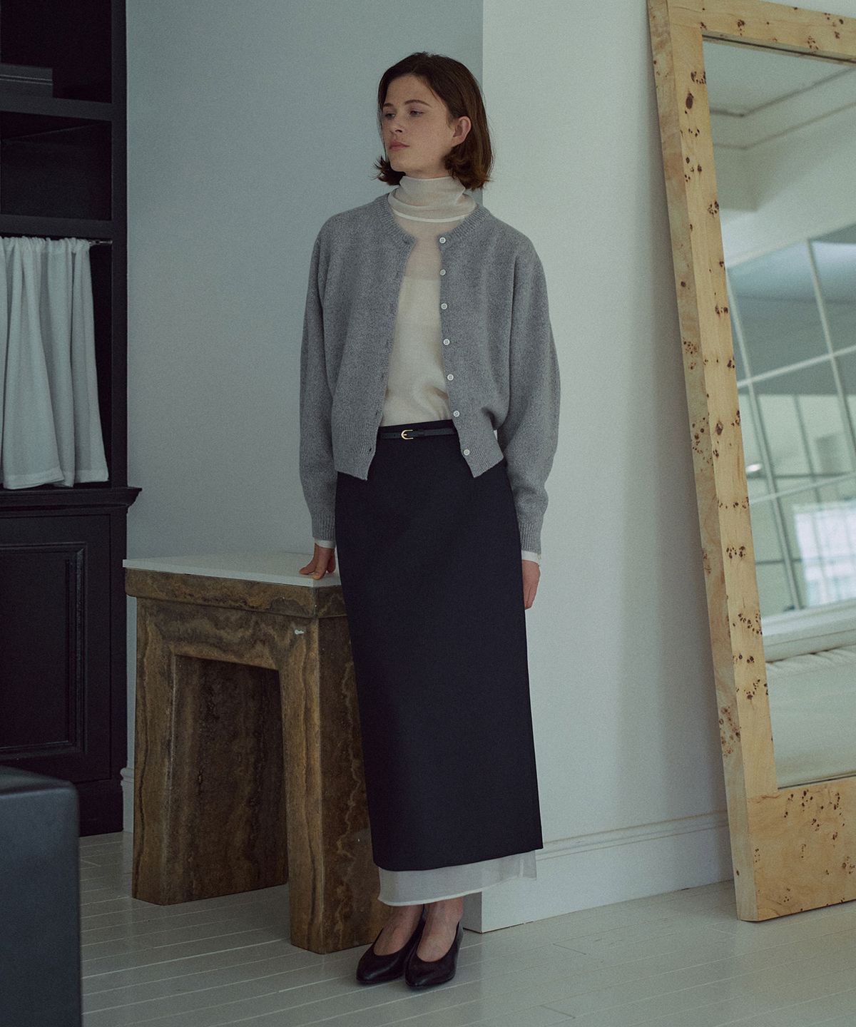 라메레이(LAMEREI) Sheer Layered H-line Skirt[LMBEAUSK404]-Navy