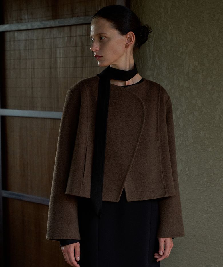 Curve Detail Short Handmade Jacket[LMBEWI23CT701]-Brown Melange