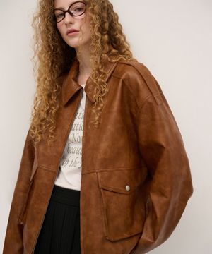 Overfit Two Pocket Leather Blouson in Brown