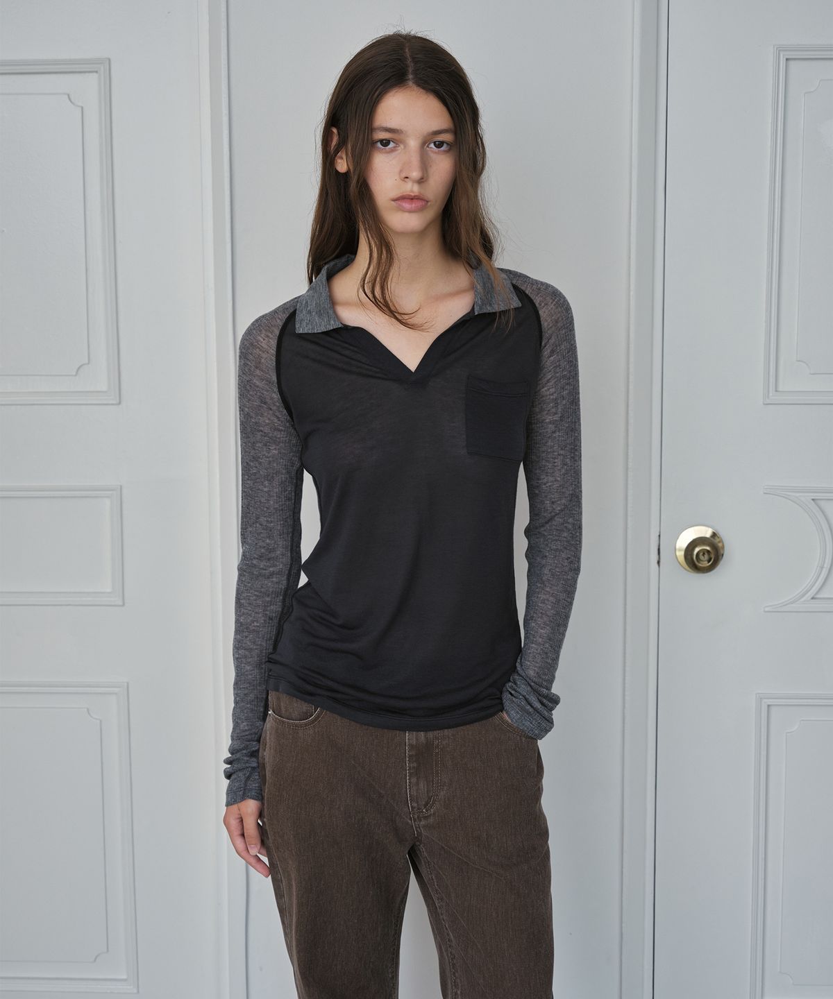 시메트릭 퍼센트(SYMMETRICPERCENT) Open Collar Long Sleeve / Charcoal