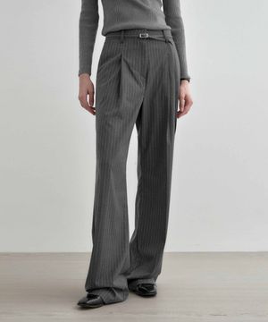 [벨트 SET] 스트라이프 원 턱 와이드 슬랙스 그레이 MDPT025STGRAY