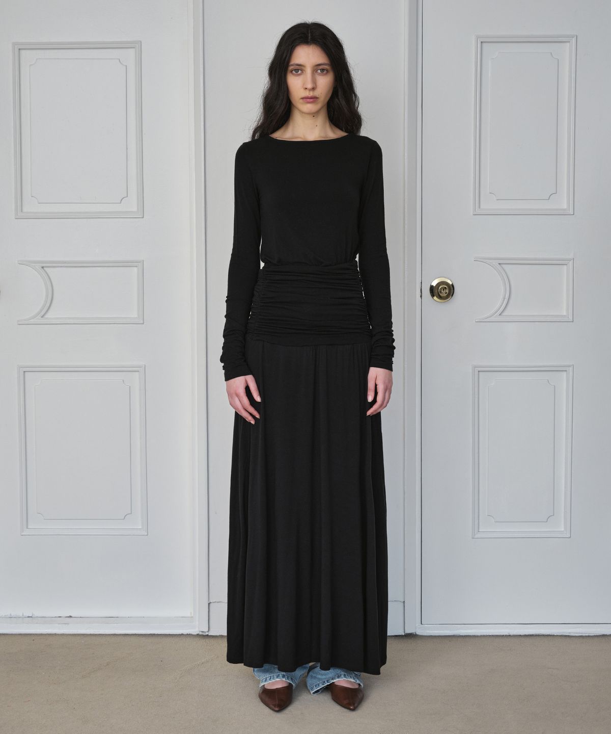 시메트릭 퍼센트(SYMMETRICPERCENT) Shirring Jersey Maxi Dress / Black