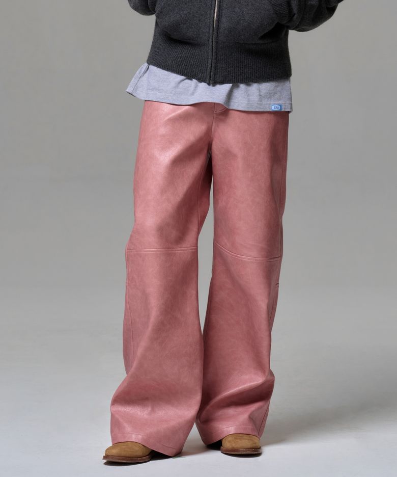 MEN FAUX LEATHER TWO-TONE PANEL PANTS - ROSEWOOD