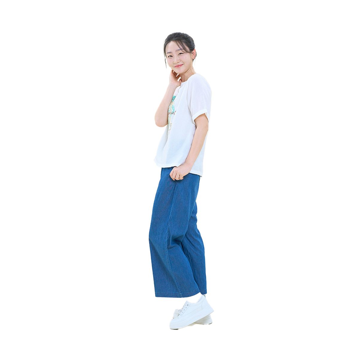 올리비아 하슬러(OLIVIA HASSLER) 이밴드 면혼방 와이드 핏 데님팬츠_OHDMPT405