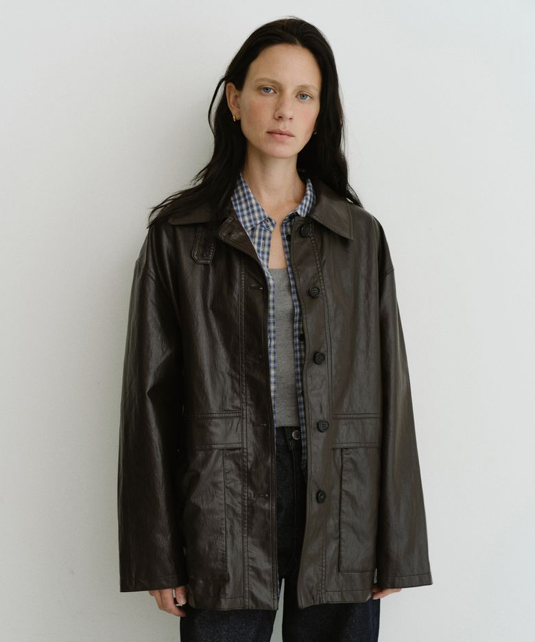 Button half leather jacket