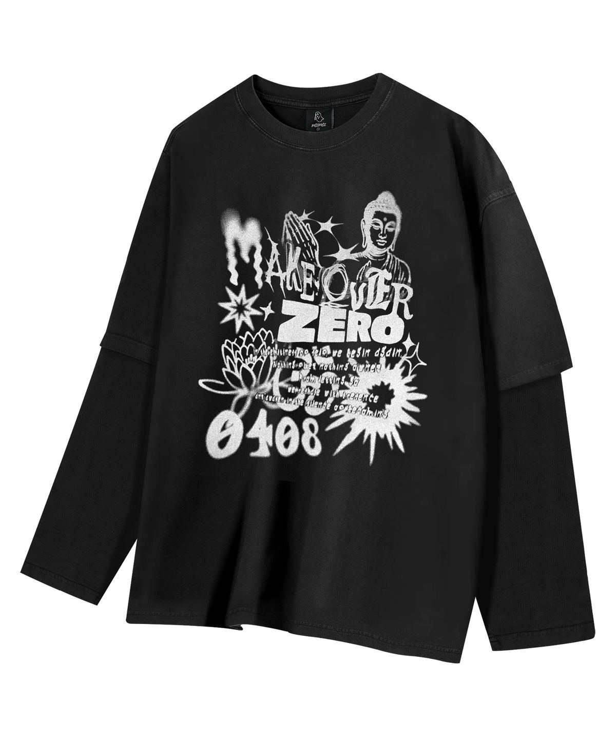 모즈모즈(MOZMOZ) 부디즘 레이어드 피그먼트 그래픽 롱 슬리브 블랙