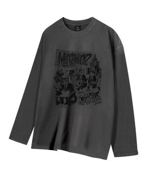 출근냥 그래픽 피그먼트 롱 슬리브 챠콜