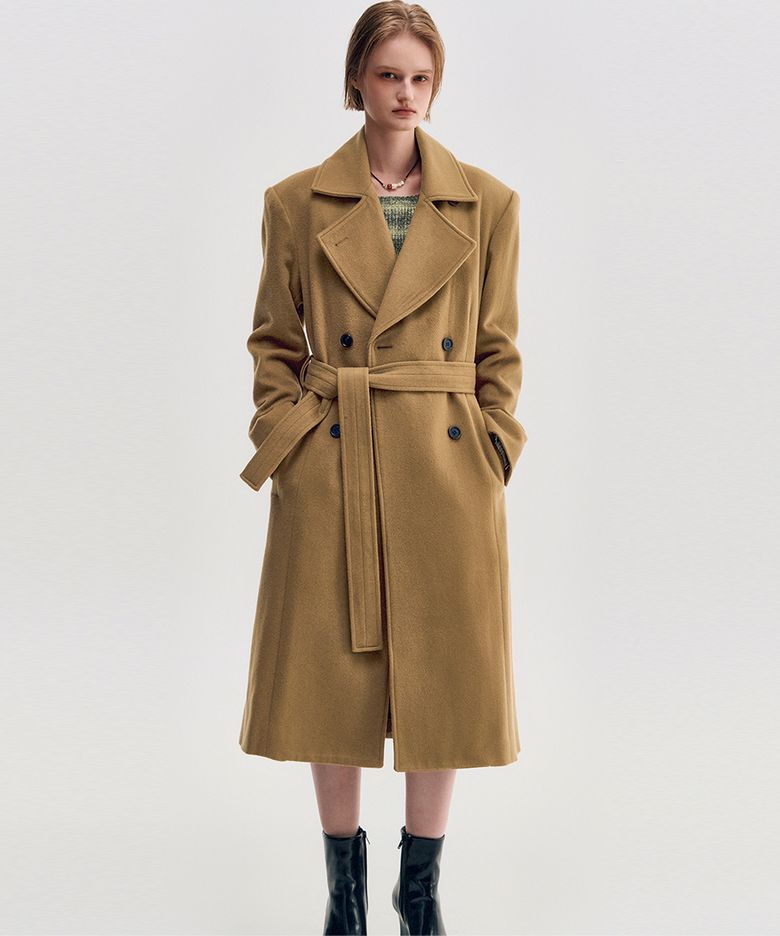 WIDE COLLAR OVERSIZED DOUBLE WOOL COAT - CAMEL
