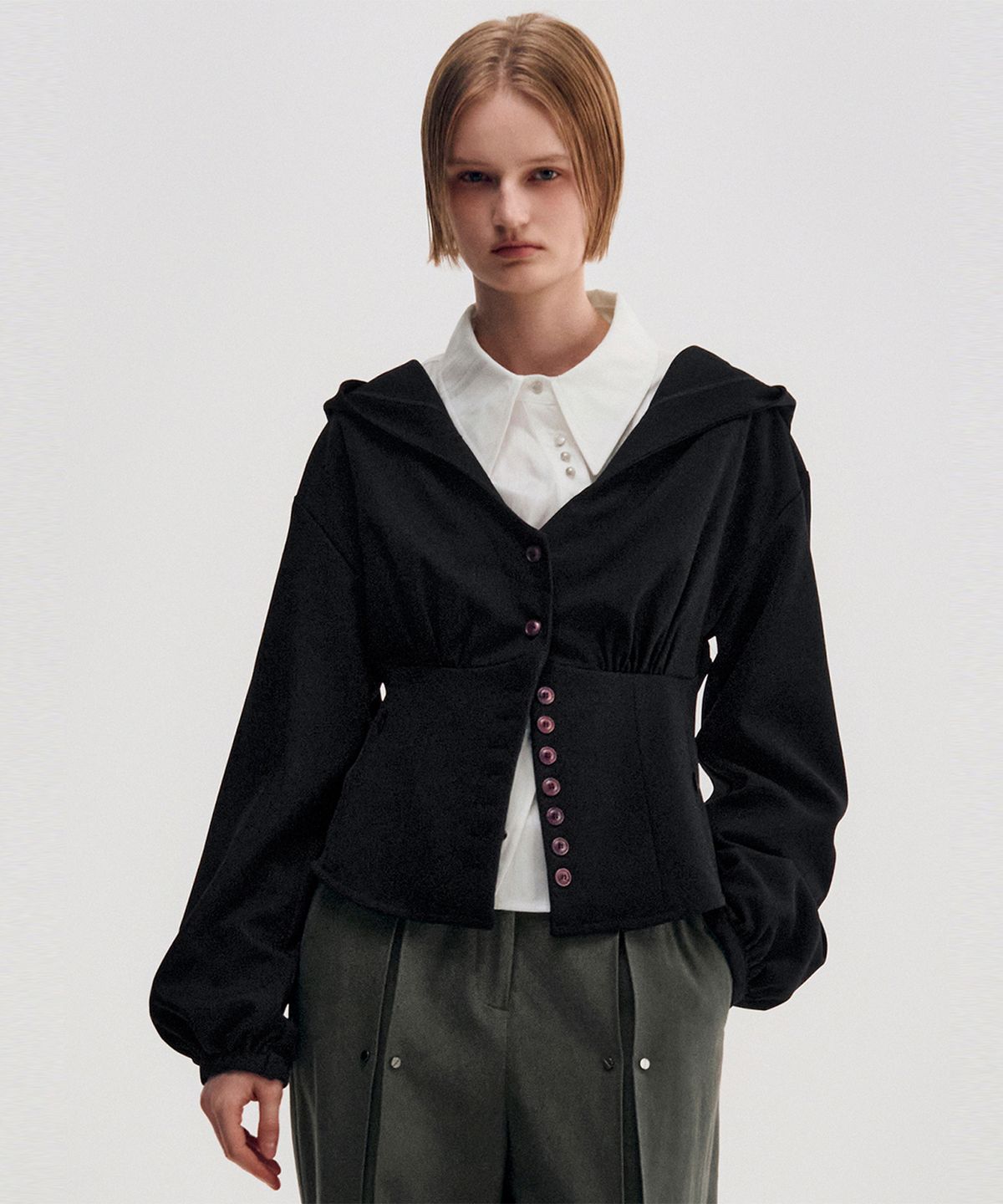 킴지수(KIMZISU) Button Up Volume Hood Jumper _ BLACK