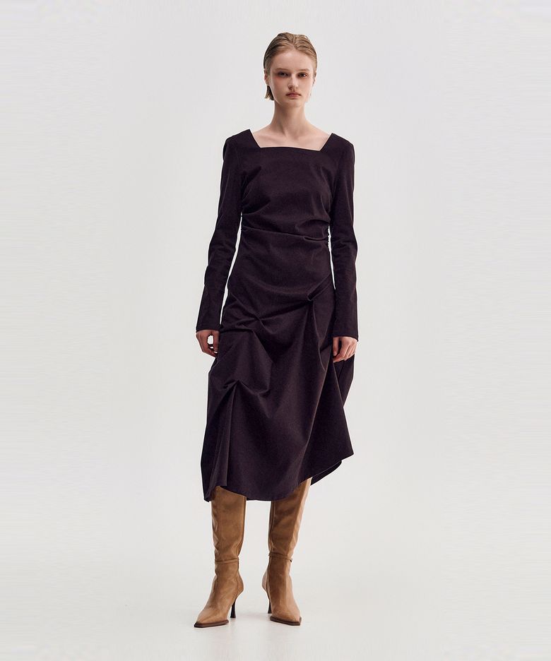DOZI - Pinched Long Sleeve Dress _ BURGUNDY