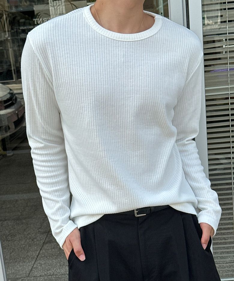 머슬핏 골지 롱 슬리브 아이보리