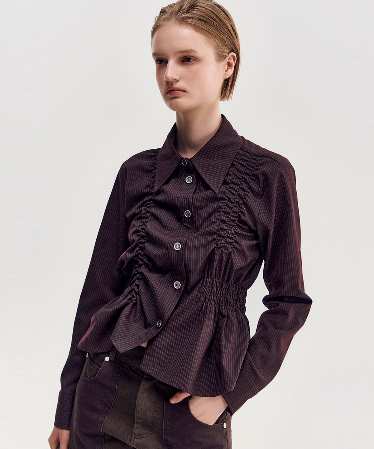 킴지수(KIMZISU) Unbalanced Ruched Shirt _ BURGUNDY