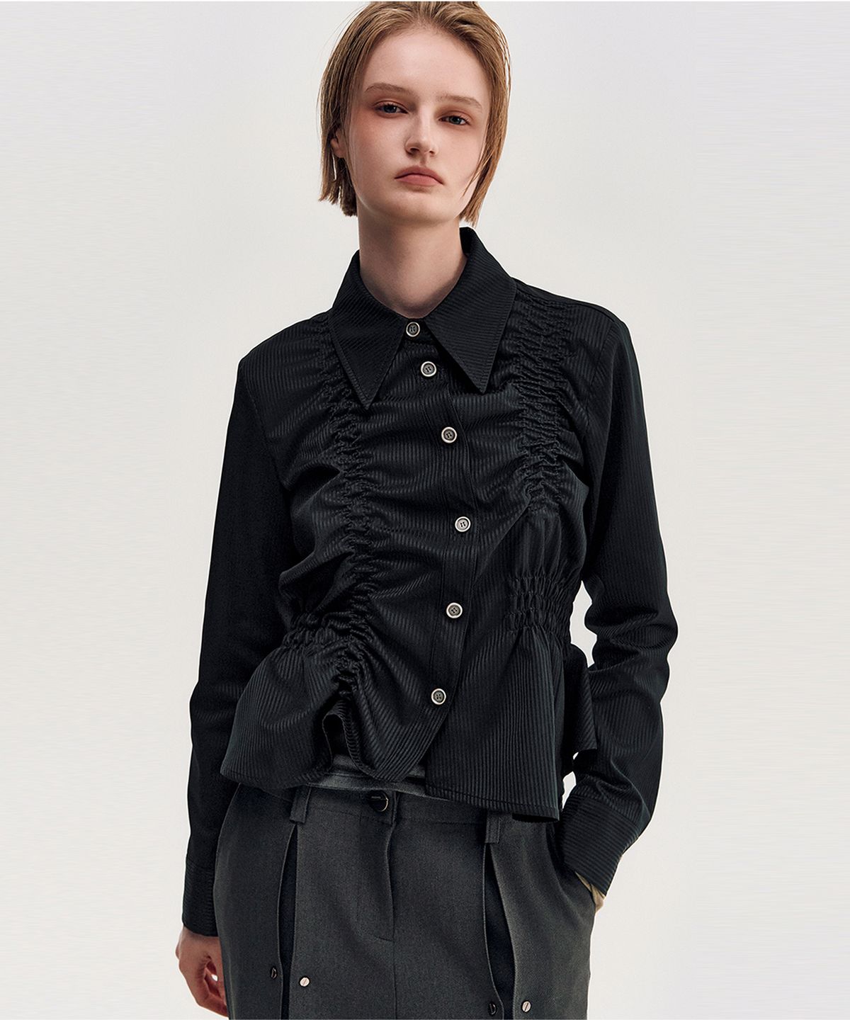 킴지수(KIMZISU) Unbalanced Ruched Shirt _ BLACK