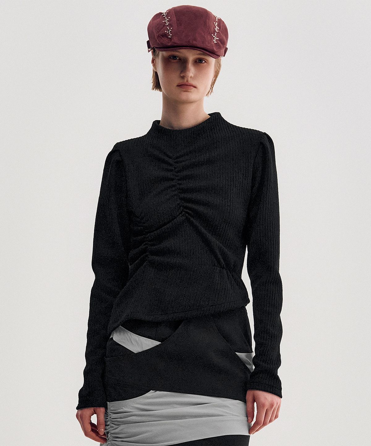 킴지수(KIMZISU) Ribbed Shirring Highneck Top _ BLACK