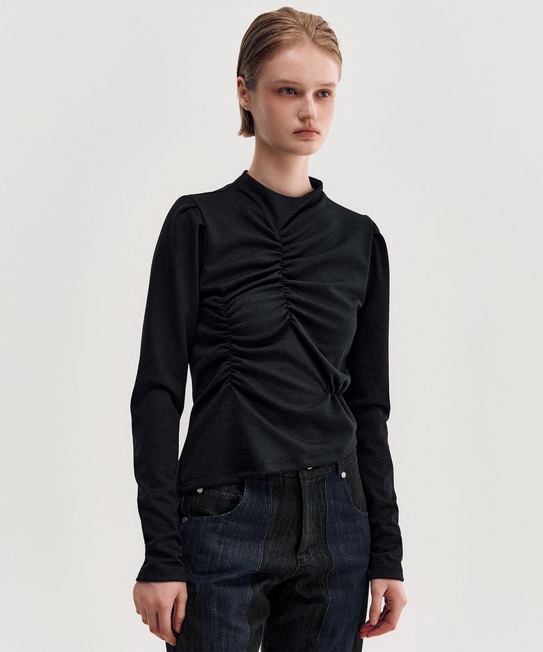 Shirring Draped Highneck Top _ BLACK