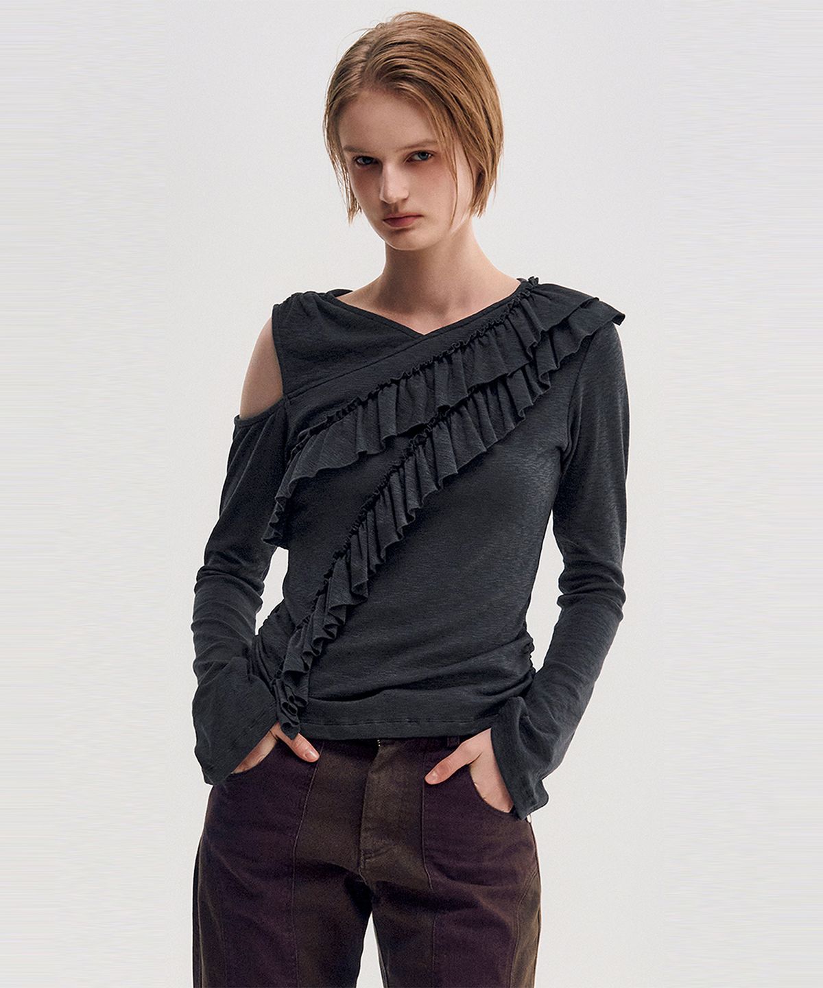 킴지수(KIMZISU) Diagonal Ruffle Jersey Top _ CHARCOAL