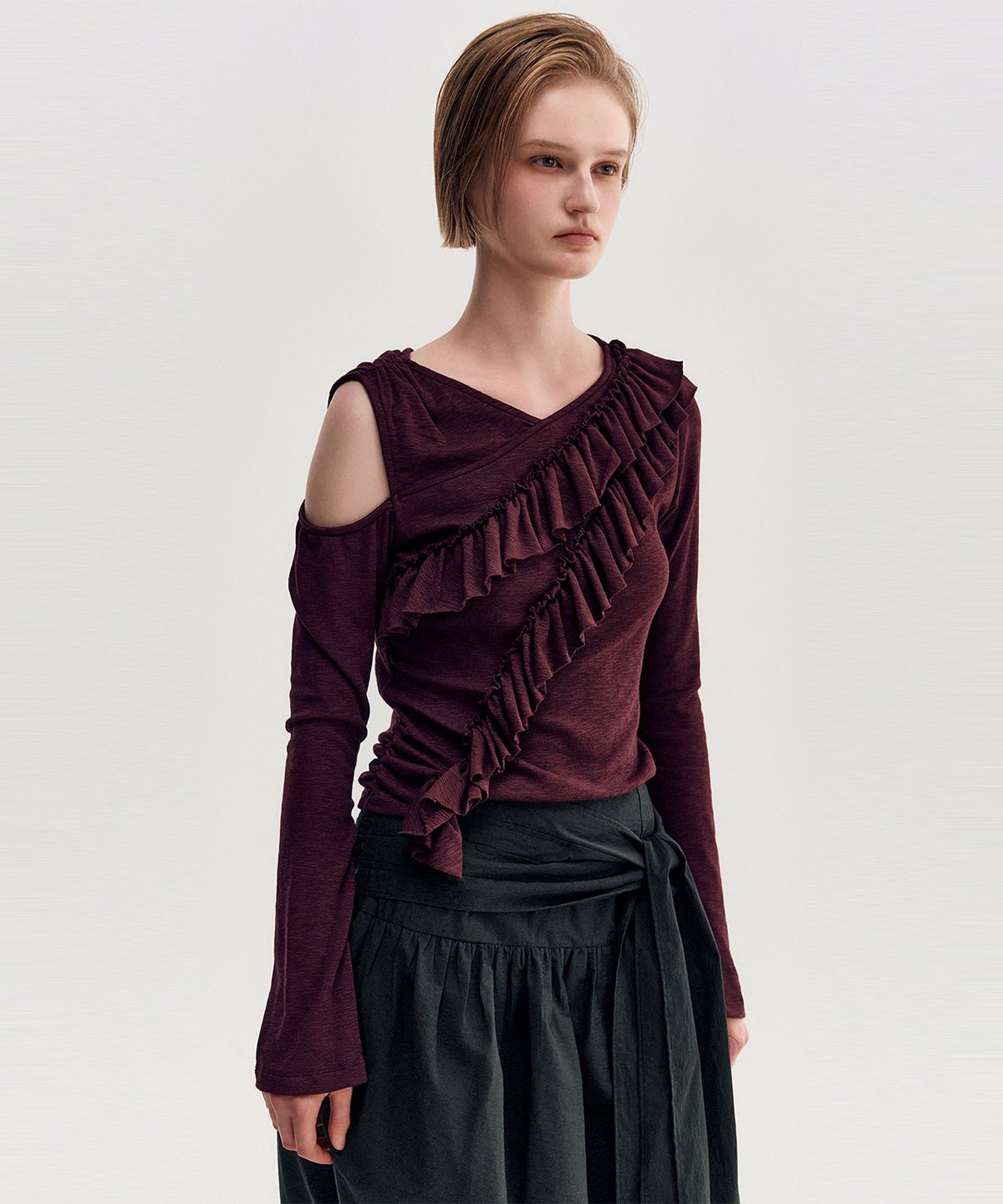 킴지수(KIMZISU) Diagonal Ruffle Jersey Top _ BURGUNDY