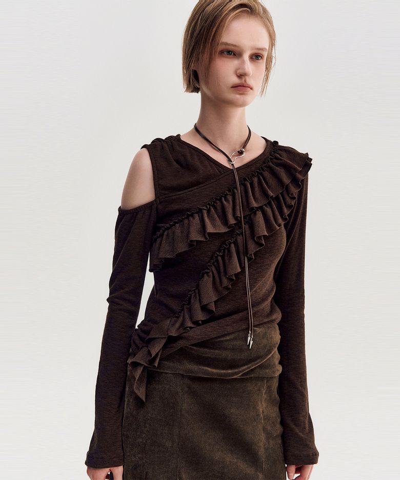 Diagonal Ruffle Jersey Top _ BROWN
