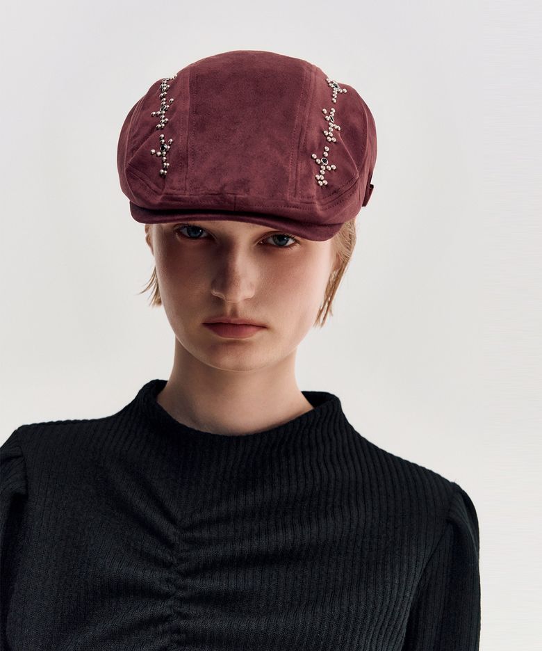 Studded Suede Hunting Cap _ BURGUNDY