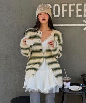HAIRY STRIPE KNIT CARDIGAN - IVORY