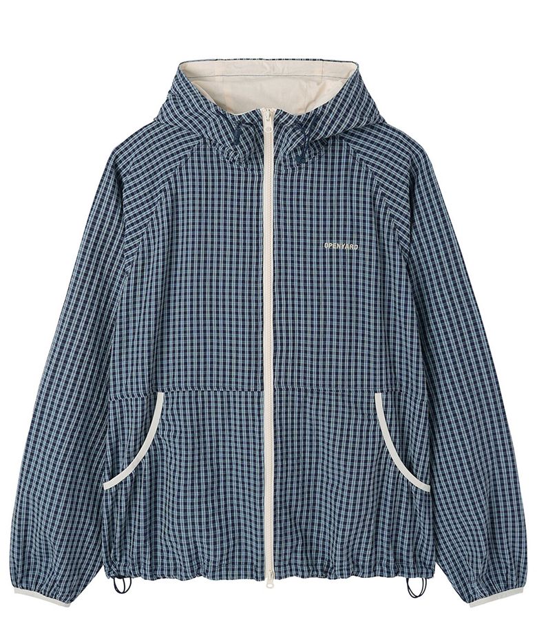 CHECK HOODED WINDBREAKER - NAVY
