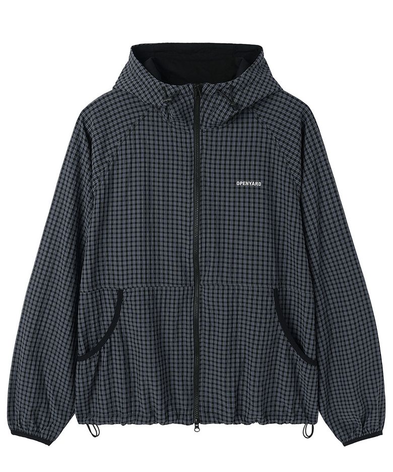 CHECK HOODED WINDBREAKER - BLACK
