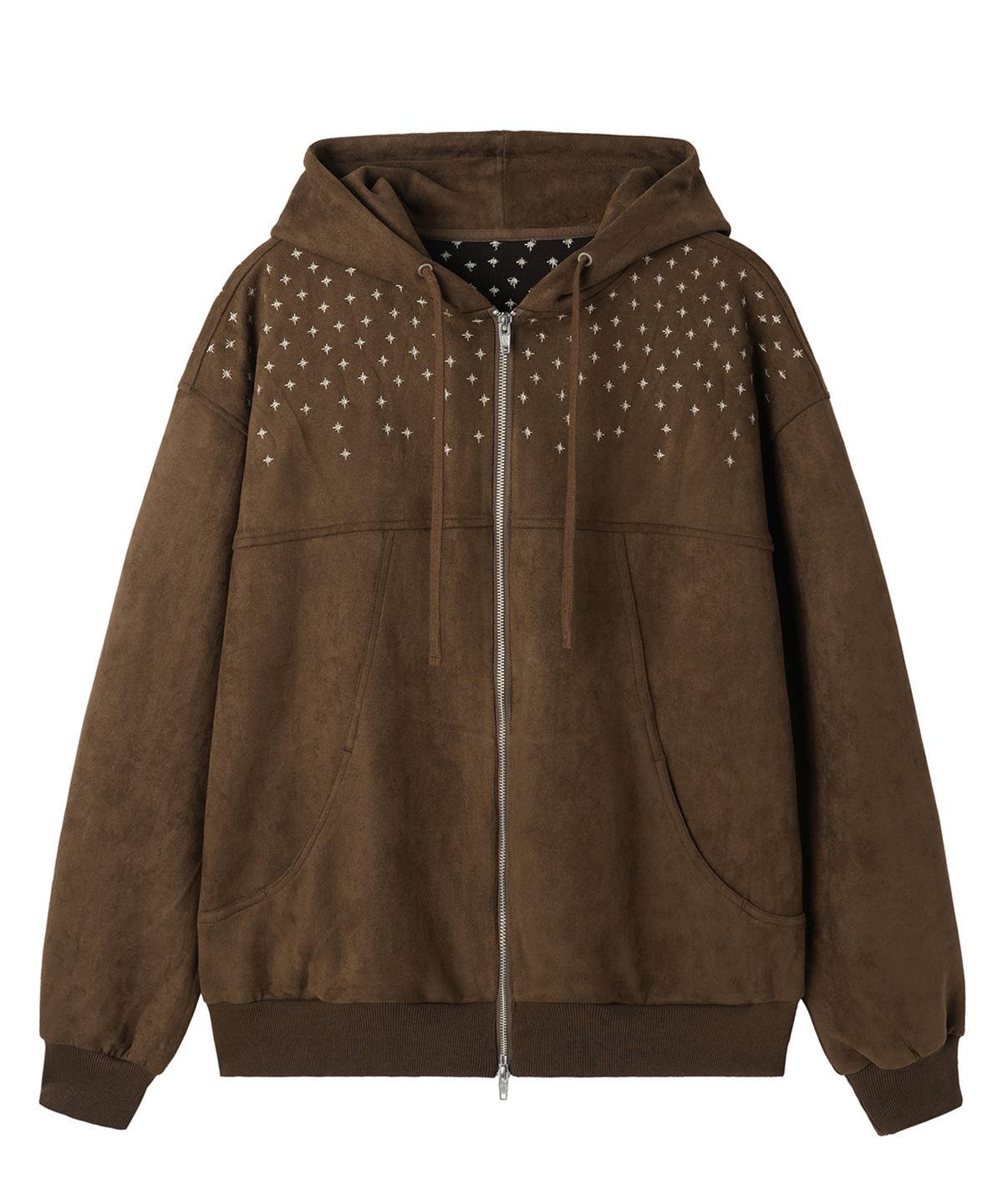 오픈야드(오와이)(OPENYARD(OY)) SPRINKLE EMBROIDERY FAUX SUEDE HOODED JACKET - BROWN